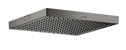 Kopfbrause in glänzendem schwarzem Chrom mit quadratischer Oberfläche und gleichmäßig angeordneten Düsenauslässen, von der Marke AXOR. Montiert an der Decke.